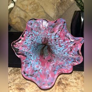 Hand Blown Pink and Blue Glass Flower Art Sculpture